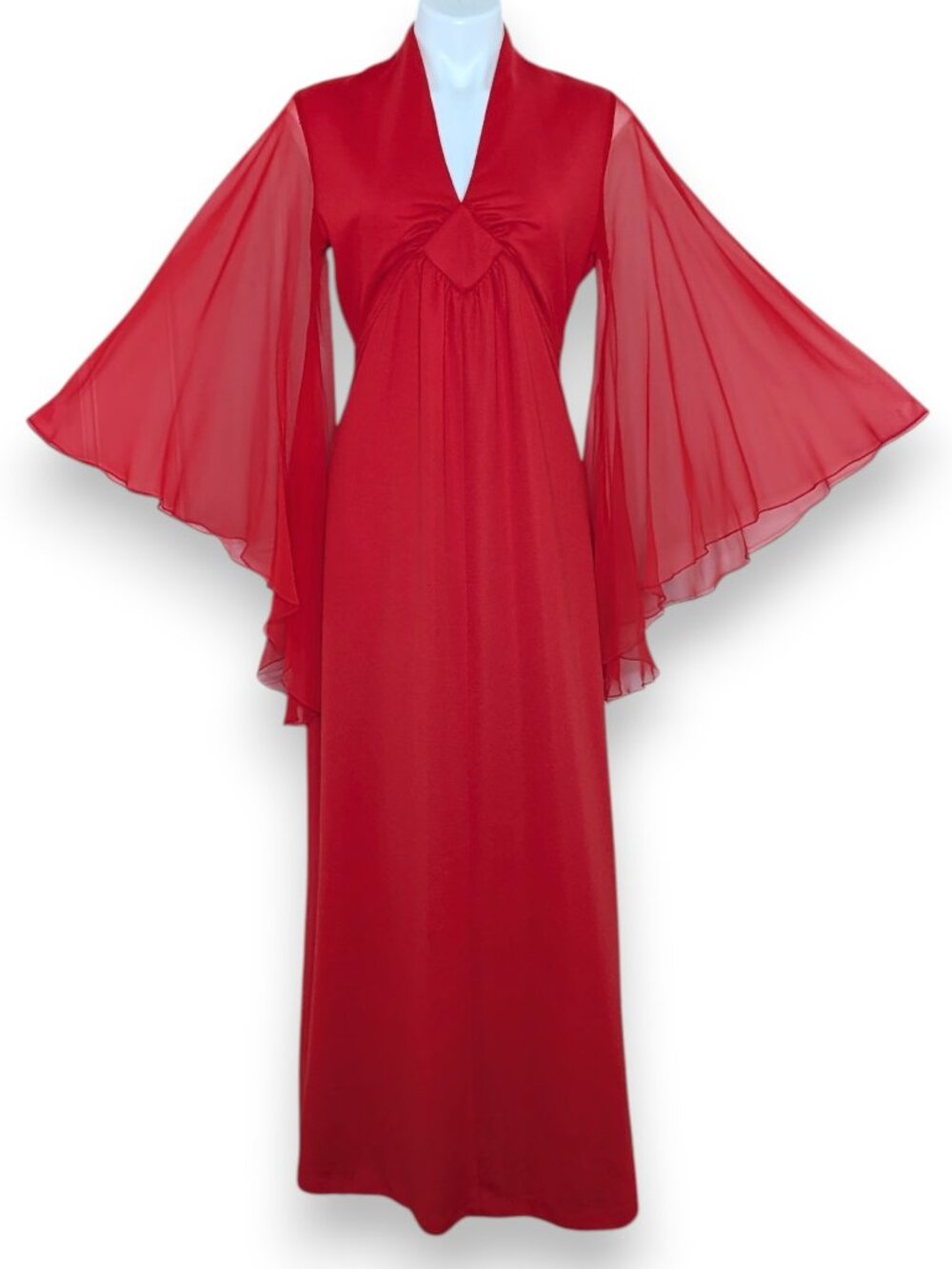 VTG Red V Neck Sheer Flutter Sleeve Diamond Empire Waist Angel Sleeve Maxi Dress